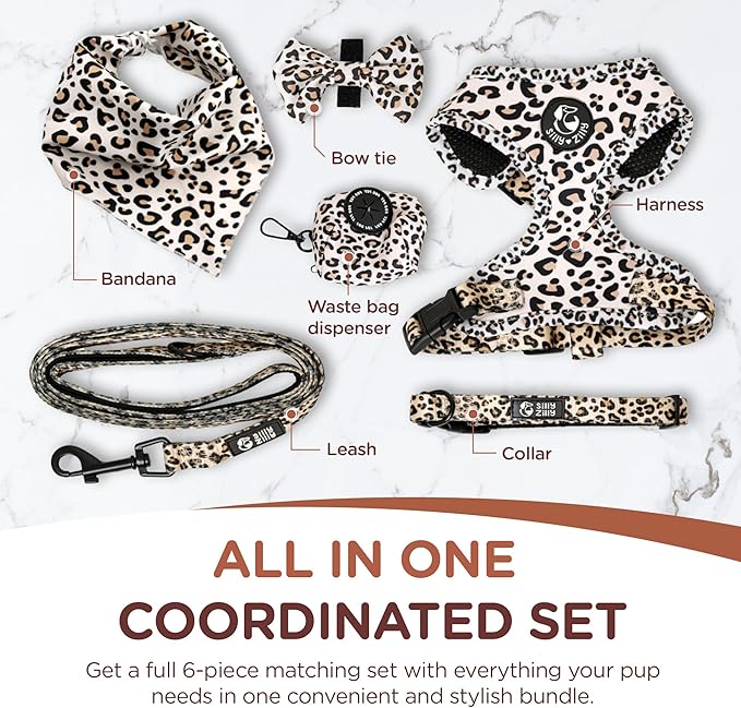 No Pull Harness and Leash Set - 6-in-1 Adjustable Vest Harness and Collars for Medium and Large Dogs. (Leopard, Medium)