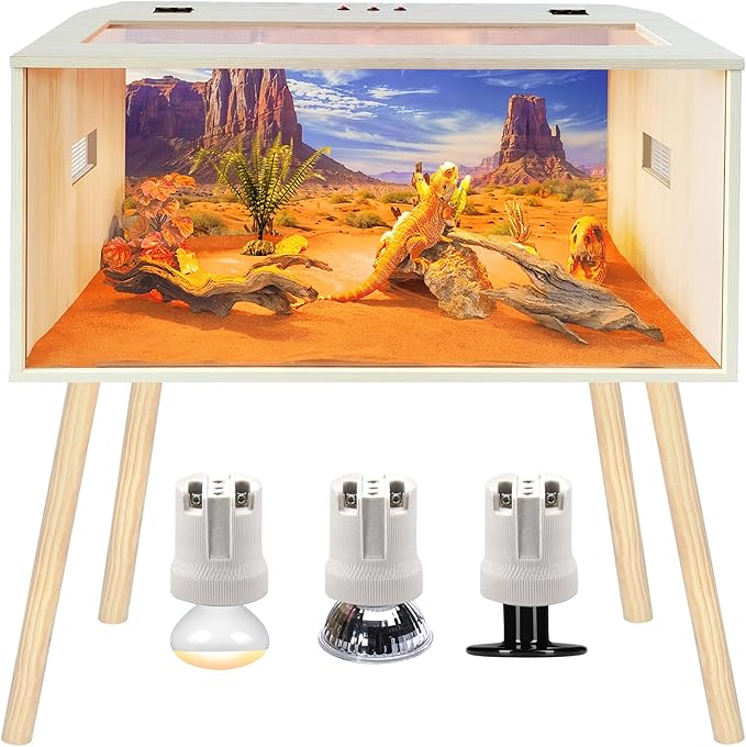 Prolee 63 Gallon Reptile Tank, Tempered Glass Bearded Dragon Tank with Wooden Roof and Lockable Doors, Large Lizard Habitat for with Built-in Lamp Fixture Snakes, Iguanas, Chameleons (Oak)