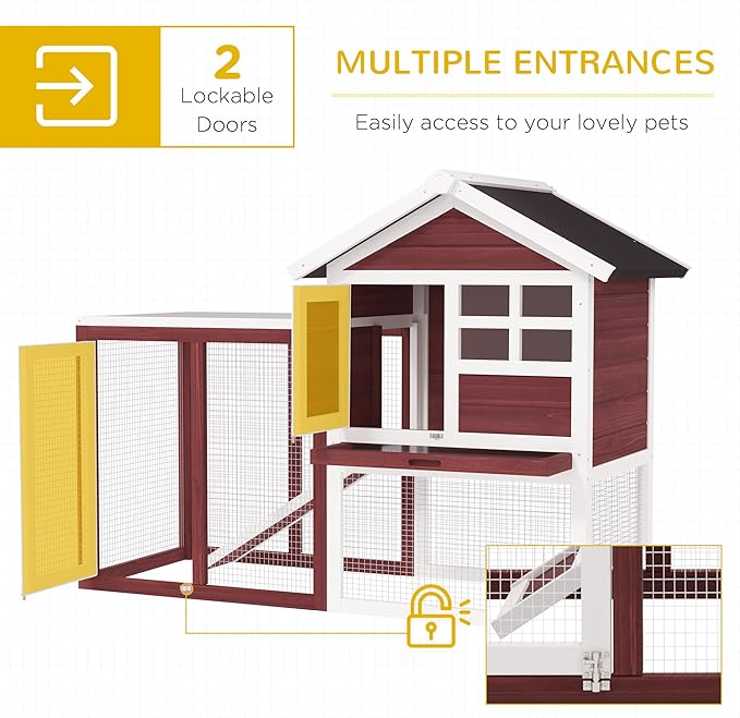 PawHut 49" Wooden Rabbit Hutch Bunny Cage with Waterproof Asphalt Roof, Fun Outdoor Run, Removable Tray and Ramp, for Rabbits, Chickens, Ducks, Brown