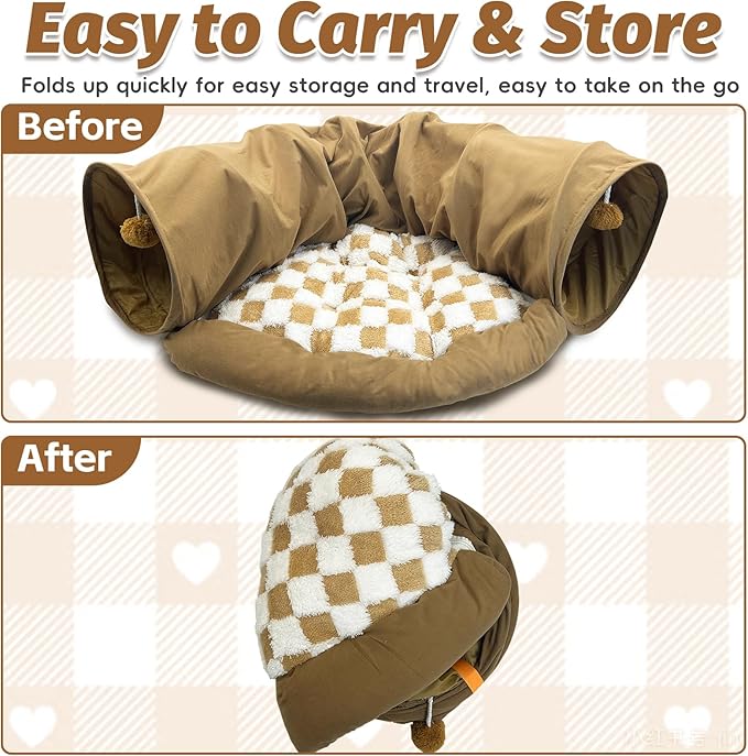 PINVNBY Large Bunny Tunnel Bed Removable and Cozy Guinea Pig Hideout Tunnel Washable Small Animal Tunnels Tube Toys Guinea Pig Accessories for Rabbit Chinchilla Hedgehog Ferret (Khaki)
