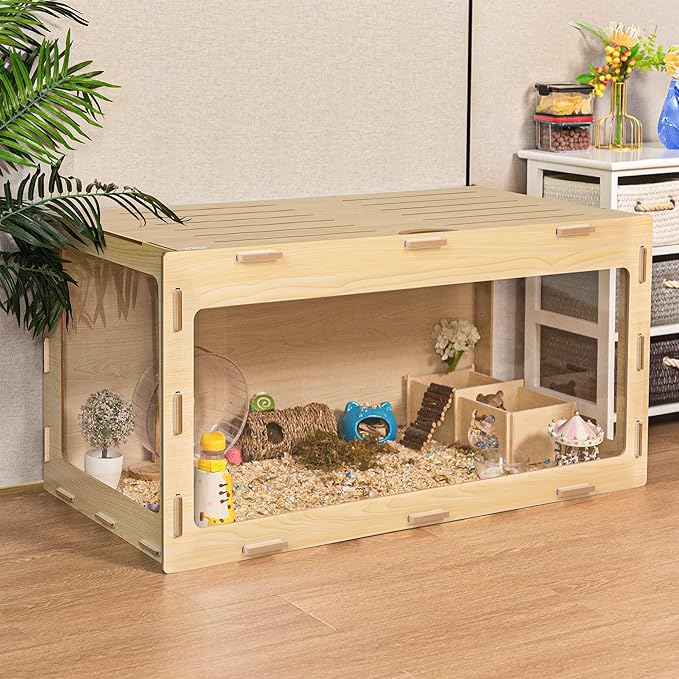 COZIWOW Hamster Cage 32", Large Wooden 270° Panoramic View Chewproof Habitat, Bigger World Small Animal House with Openable Top & Acrylic Panels for Syrian, Dwarf Hamsters, Gerbils