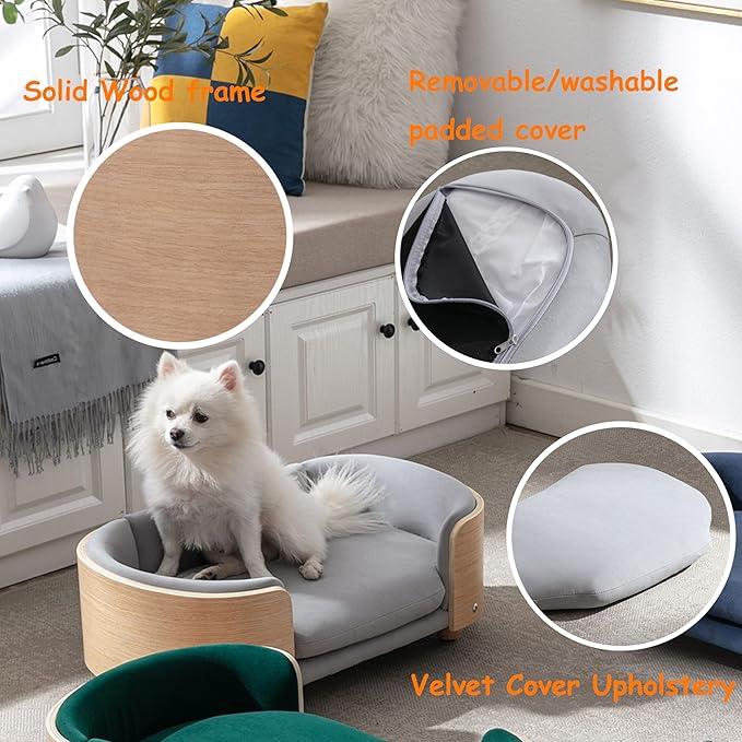 Elevated Dog Bed Pet Sofa with Solid Wood Legs and Bent Soft Backrest, Pet Cat Stool Bed with Velvet Cushion,for Small and Medium Size Dogs Kitten, Light Gray, Small Size