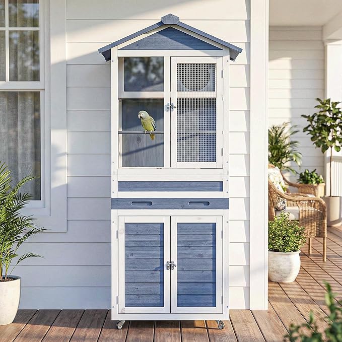 59" H Wooden Outdoor Bird Aviary on Wheels, Bird Cage with Storage & Pull-Out Tray for Small Birds, Finches, Parrots, Indoor Bird Cages with Feeder, Easy to Clean, Grey