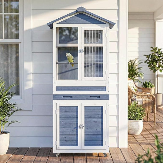 59" H Wooden Outdoor Bird Aviary on Wheels, Bird Cage with Storage & Pull-Out Tray for Small Birds, Finches, Parrots, Indoor Bird Cages with Feeder, Easy to Clean, Grey