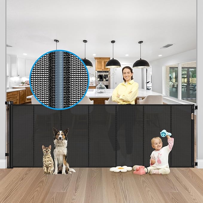 Reinforced 42" Tall X 120" Extra Wide Retractable Baby Gate Extra Long Baby Gates for Large Openings Prevent Kids and Pets from Jumping Over Retractable Pet Gate Reinforced Puppy Gates for Dogs, Black
