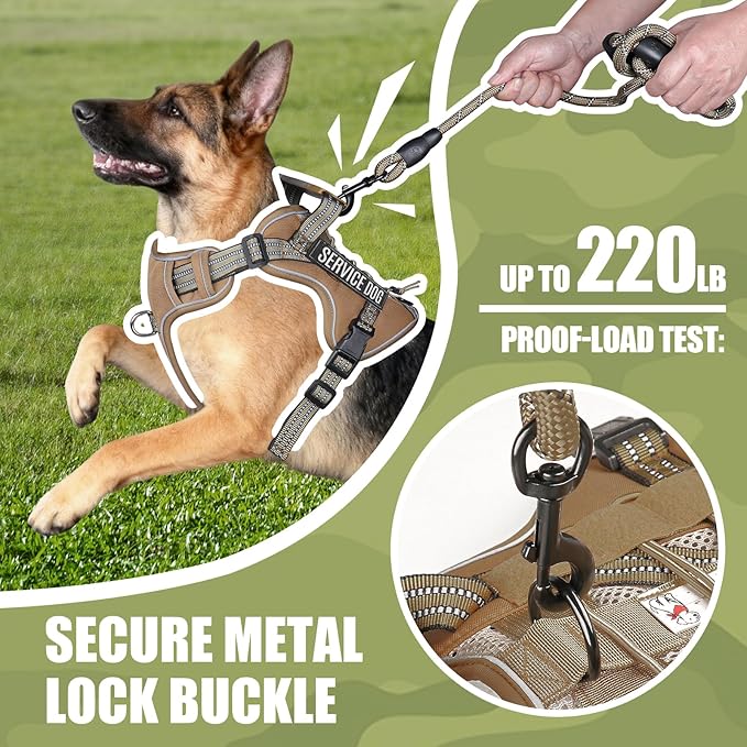 Service Dog Tactical Vest Harness and Leash Set Medium Sized Dog Emotional Support- Tactical Dog Harness Training Collar with Name (Khaki, M)