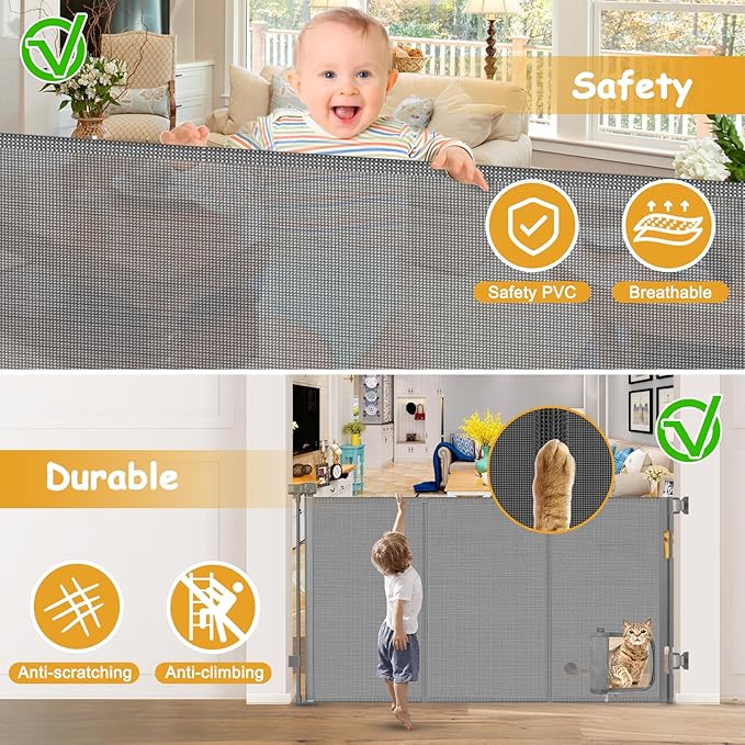 Reinforced 60” Wide Retractable Dog Gate with Cat Door Gates for Pets with Reinforced Strips 33” Tall Mesh Baby Gate Retractable Pet Gates for Dogs Indoor with Door Cats Can in and Out Freely, Gray