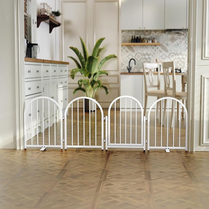 PUPETPO Full Metal Dog Gate with Door for Indoor Outdoor, 24" Tall Free Standing Pet Dog Fence, 72" Extra Wide Pet Gates for Stairs, Hallways, Doorways, Kitchen, Decks, Yards (White, 4 Panels)