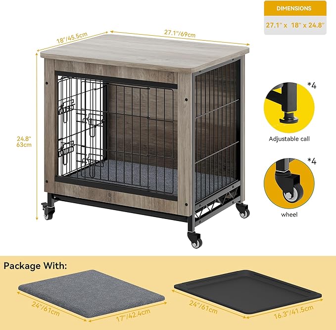 DWVO Dog Crate Furniture with Wheels, 27" Dog Kennel Indoor with Cushion, Dog Crate End Table with Tray for Small Dog (Grey)