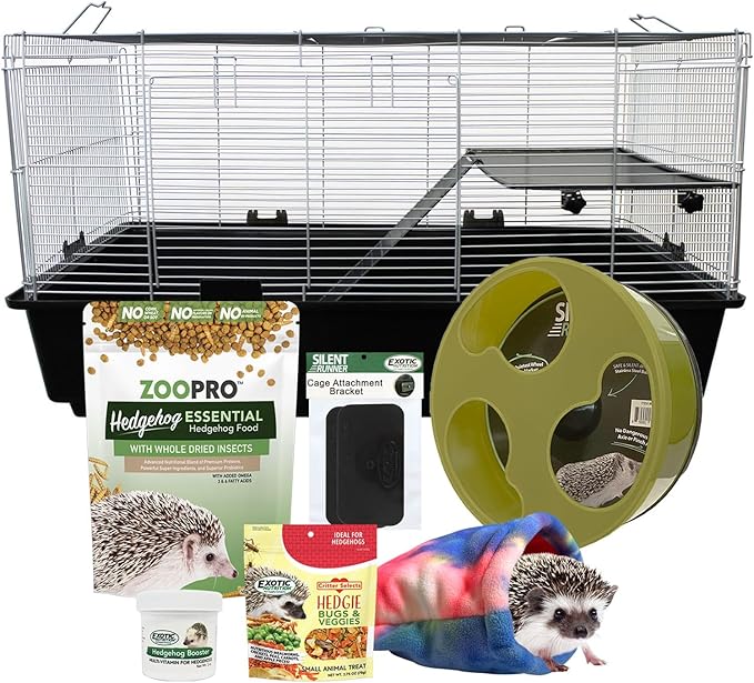 Exotic Nutrition Hedgehog Home & Starter Package - Includes Durable Cage, Exercise Wheel, Healthy Food, Natural Treat, Multi-Vitamin & Hideout