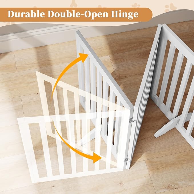 PUPETPO 24”H Freestanding Dog Gates for The House, Wooden Pet Gates for Doorways, Extra Wide Dog Gate for Stairs, Support Feet Included, 80 inch Wide 4 Panels, Indoor Use, White