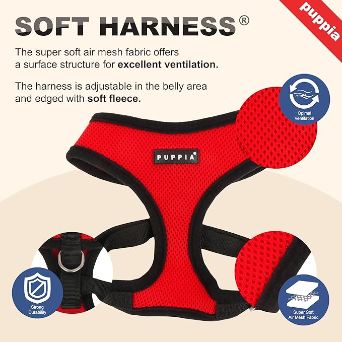 Puppia Soft Dog Harness No Choke Over-The-Head Triple Layered Breathable Mesh Adjustable Chest Belt and Quick-Release Buckle, Yellow, Medium