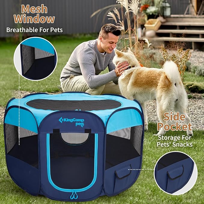 KingCamp Dog Playpen, Portable Foldable Cat Kitten Puppy Tent Crates 29"/36"/50" Pop Up Pet Playpen with Zippered Bottom & Cover for Indoor Outdoor Use (Medium, Blue)