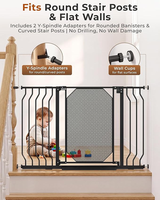 29.5-48" Baby Gate for Stairs, Child & Pet Proof, No-Drill Pressure Mount Auto Close One-Hand Operation, 30.5" Tall Indoor Dog Gate for Doorways, 4 Adjustable Sizes, Black