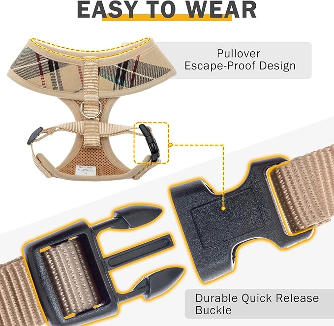 SCENEREAL Puppy Dog Harness with Leash Set for Small Medium Sized Dogs, Soft Mesh Pet Harnesses and Leash, No Chock Plaid No Pull Vest for Dogs Cats, Chihuahua,Bulldog (Beige S)