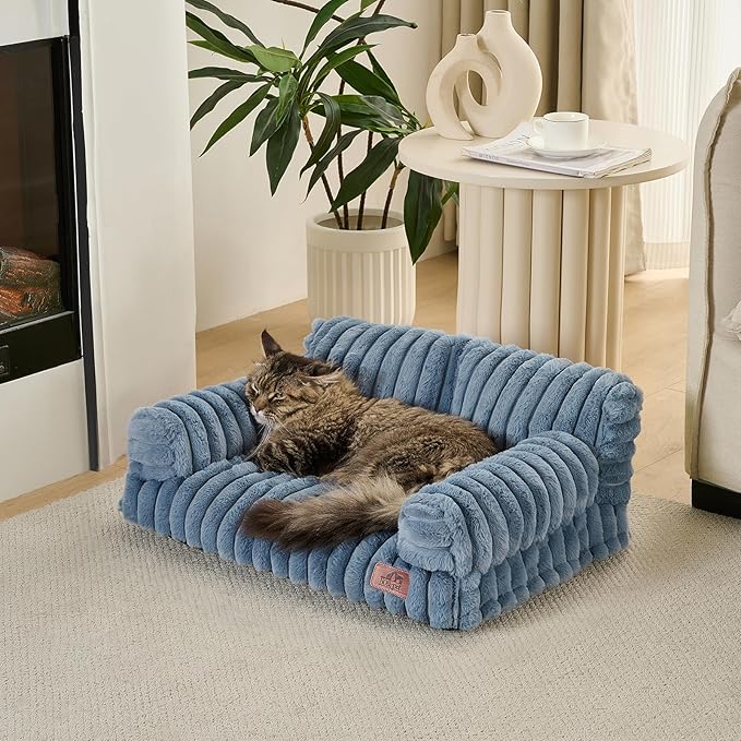 Hollypet Fluffy Dog Cat Bed Pet Couch Beds Plush Soft Warming Washable Puppy Bed for Small Medium Dogs and Large Cats, Haze Blue, 24" L x 18" W x 10" Th