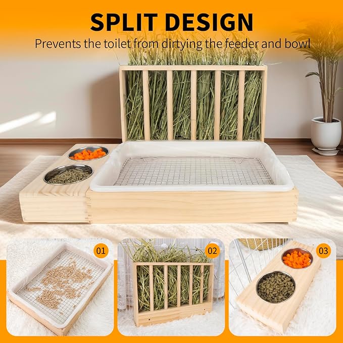 BESNEW 3 in 1 Rabbit Hay Feeder with Litter Box,Upgraded Wooden Hay Feeder Set for Guinea Pig Chinchilla Bunny Other Small Animals,Quick Cleaning & Large Capacity & Preventing Waste