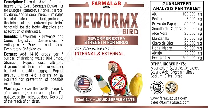 Farmalab DEWORMX Liquid Extra Strength 2oz 8oz Budgies, Parakeet, Finches, Lovebirds Small Caged Birds para periquitos, cacatillos, cotorras, Canarios, guacamayos, Quakers y Aves (Aviary 8oz)