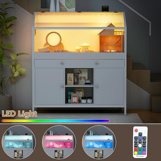 Pipleo Hamster Cage with Storage Cabinet, 43.3" Small Animal Cage with LED Lights and Fan, Easy View Acrylic Panel, Large Habitat for Guinea Pig, Ferret, Rat, Hedgehog