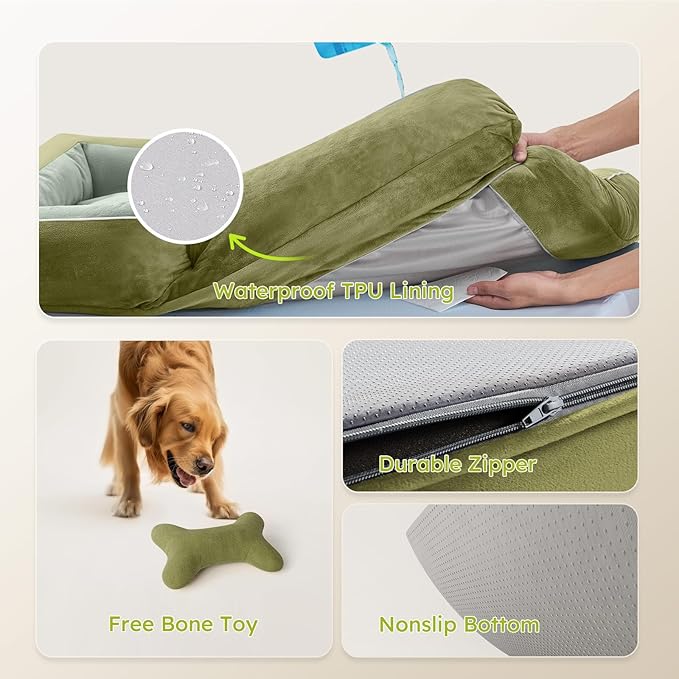 CWAWZ Extra Large Dog Bed, Orthopedic Dog Bed with Cooling Gel Memory Foam, Waterproof XL Pet Bed with Removable Washable Cover, 42" Pet Sofa Couch Dutch Velvet with Bone Toy, Dark Green