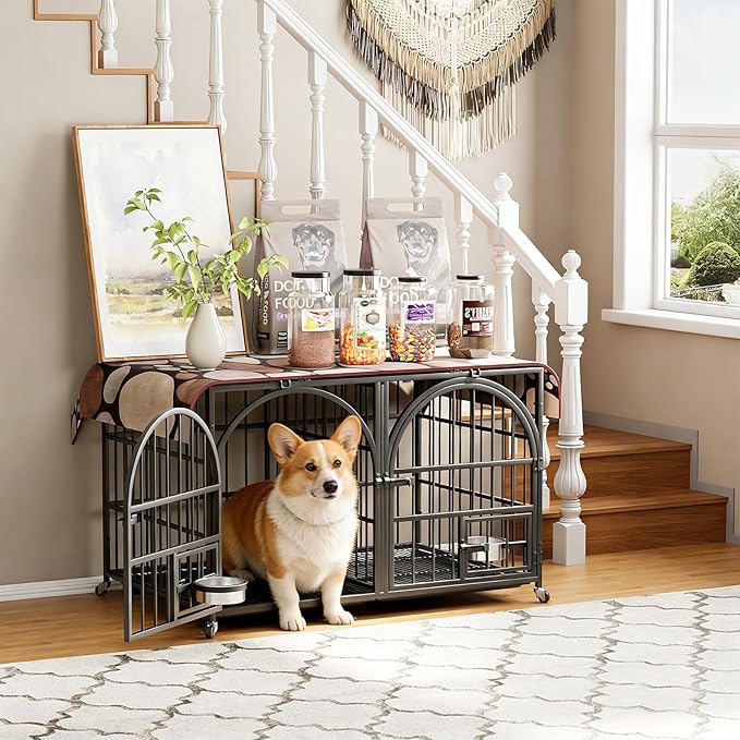 Dosker 42 inch Heavy Duty Metal Dog Crate Cage with Divider for 2 Dogs/Large Dog,All Metal Open Top Escape Proof Cage,Dog Kennel Indoor with Wheels,Floor Grid,Tray,Feeding Bowl