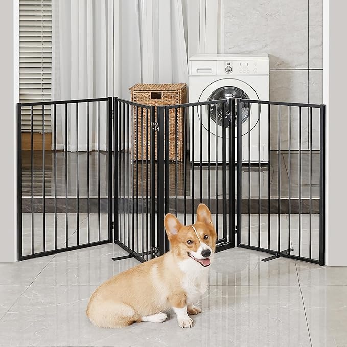 Metal Freestanding Dog Gates with Door for Outdoor Indoor,80'' Extra Wide 32'' Tall Free Standing Dog Gate for Doorways,Large Openings,Deck,Yard,Foldable Safety Pet Fence(Black,4 Panels)
