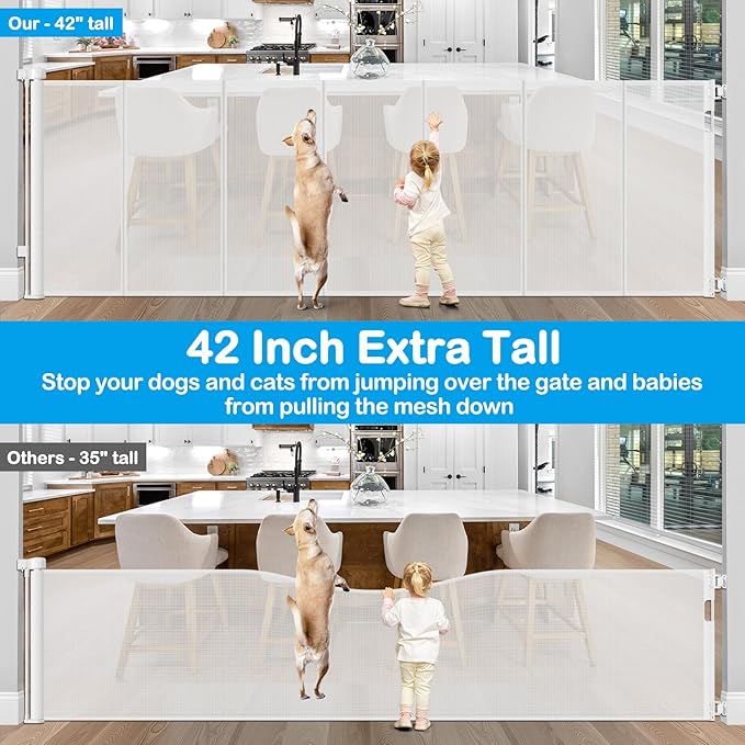 Reinforced 42" Extra Tall X 100" Extra Wide Baby Gate for Large Openings Stop Babies and Pets from Drilling Through Retractable Baby Gates Extra Tall Retractable Dog Gate No Sagging Retractable Gate