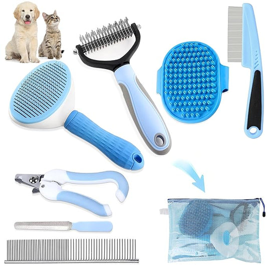 Dog Brush Dog Grooming Kit 7PCS Dog Brush for Shedding-Dog Brushes for Grooming, Dematting Comb for Dogs, Cat Nail Clipper with Nail File, Flea Comb, Pet Comb, Pet Bath Brush-Blue