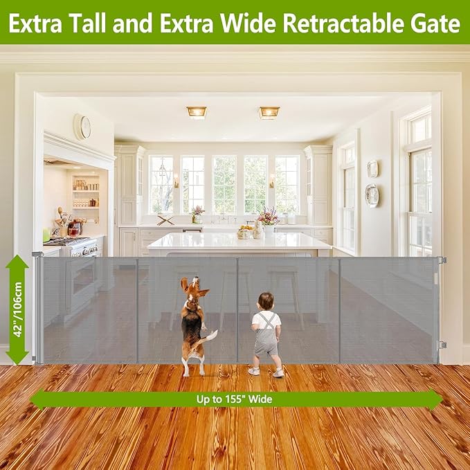 Reinforced 42" Extra Tall Pet Gate 155" Extra Wide Retractable Baby Gate with Support Rods - Prevent Crawling Under, Indoor/Outdoor Mesh Safety Gate Extra Wide Dog Gate Tall Baby Gates for Dogs, Gray