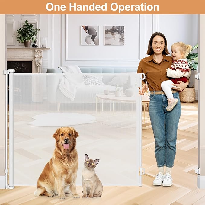 48" Tall Baby Gate for Doorway Retractable Baby Gate No Bottom Bar 4 Ft Extra Tall Gates for Cats 85" Wide Anti-Scratch Mesh Gates for Kids or Pets Prevent Dogs and Cats from Jumping Over, White