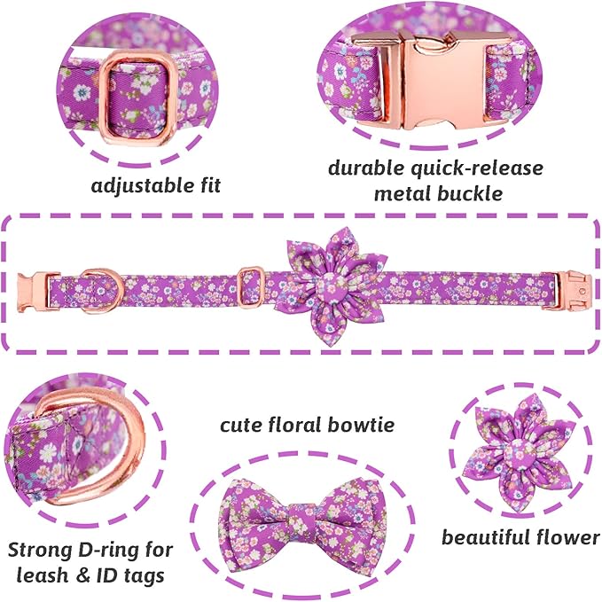 Dog Collar and Leash Set Girls Adjustable Puppy Collars with Floral Bow Tie for Small Medium Large Female Dogs, Purple, L