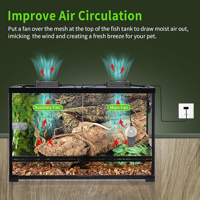 Reptile Ventilation Fan with Hygrometer & Temperature Display, Auto Adjusting Humidity & Temperature, for Aquariums & Insect Tanks, 2-Pack