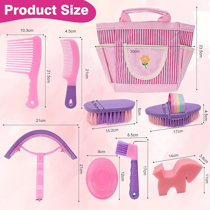 Horse Grooming Brush Kit, 9Pcs Horse-Brush Set with Organizer Tote Bag, Shower Brushes, Braiding Comb, Sweat Scraper, Hoof Pick, Shedding Massaging Tool Supplies for Riders Beginners, Pink