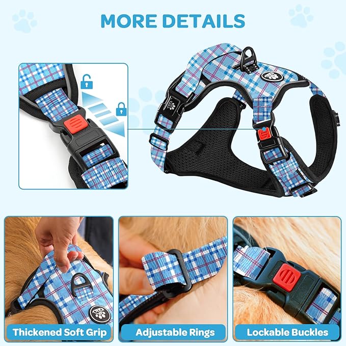 FURRYFECTION Plaid Dog Harness for Large Dogs, Reflective No Pull Adjustable Pet Vest with Front Clip, Leash, Easy Control Handle and Seat Belt, Blue&White, L