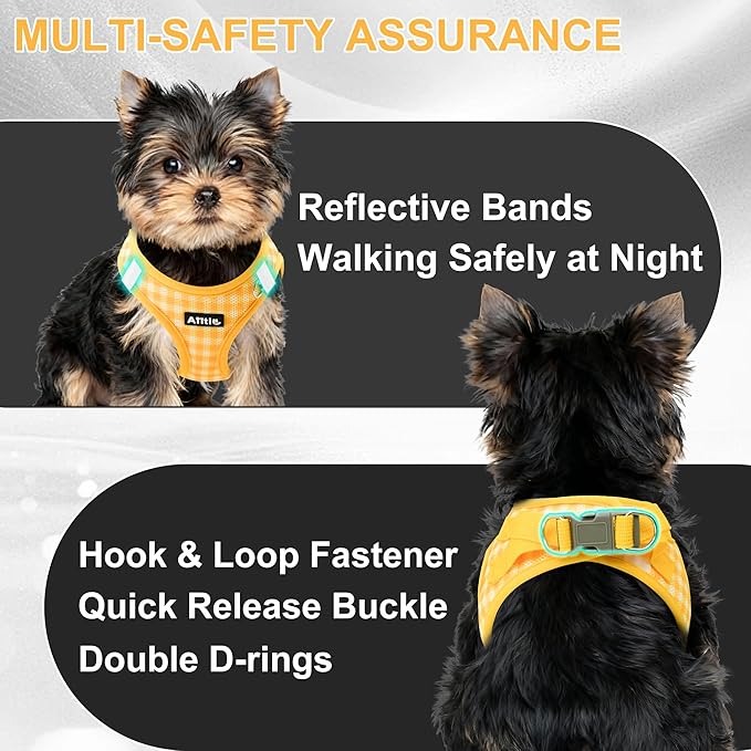 AIITLE No-Pull Pet Harness with a Leash, Plaid Comfort Padded Vest, Step in Dog Harness, Reflective Bands, Soft Breathable Pet Supplies, for Small and Medium Dogs and Cats Yellow S