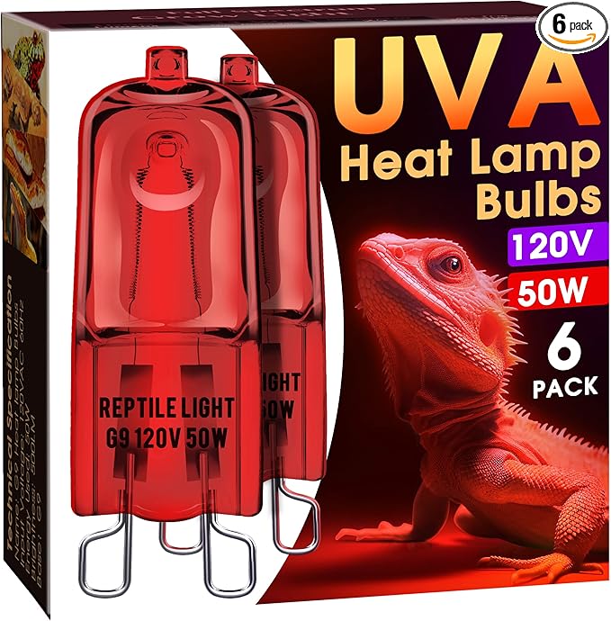Briignite G9 Infrared Heat Lamp Bulbs for Reptile, Mini Reptile Light, Dimmable Night Red UVA Reptile Heat Lamp, 2 Pin Base Mini Heat Bulbs 50W, Bearded Dragon Turtle Lizard, 6 Pack
