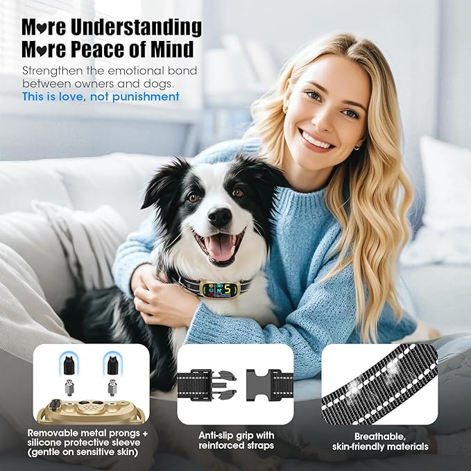 Rechargeable Dog Bark Collar with 5 Working Modes & LCD Display – Waterproof & 5 Adjustable Sensitivity Bark Collar for Large Medium Small Dogs(Gold)