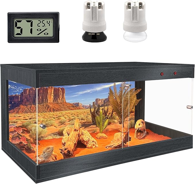ROYXEN Reptile Tank, 34 Gallons Reptile Enclosure with Lockable Design, Tempered Glass Bearded Dragon Tank for Lizard Habitat, Soild Wood Built-in Sockets (Black, 31.5"x15.5"x15.5")