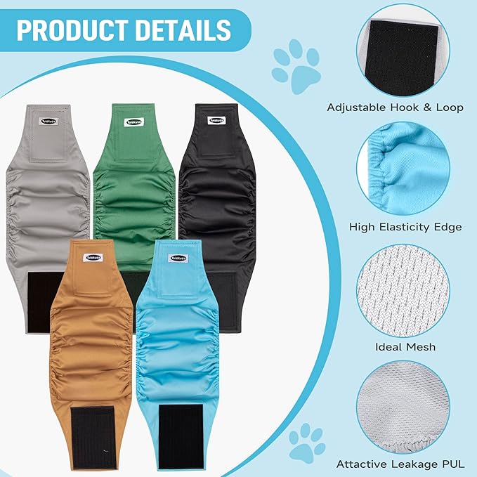 Tuiskusa Dog Diapers - High Absorbing Belly Bands for Dogs (Washable, Reusable 5 Pack)