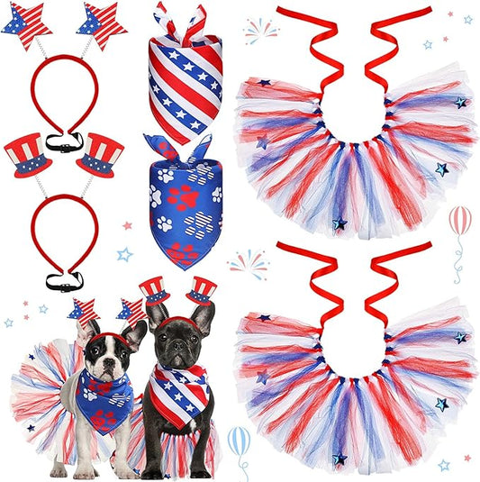 Silkfly 6 Pieces 4th of July Dog Costume Accessories Includes 4th of July Dog Bandanas Puppy Tulle Tutu and Dog Patriotic Headbands for Dogs Independence Day Fourth Apparel Accessories