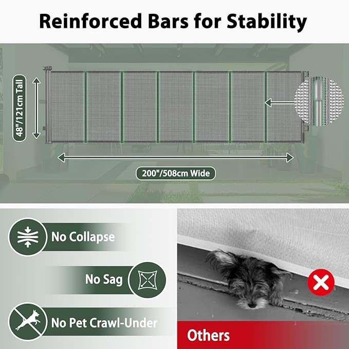 200" Extra Long Baby Gate Retractable Dog Gate, 16ft Retractable Baby Gate Extra Wide Garage Gate, 48" Tall Dog Gate Retractable Pet Gate for Wide Openings, Outdoor Retractable Driveway Gate, Gray