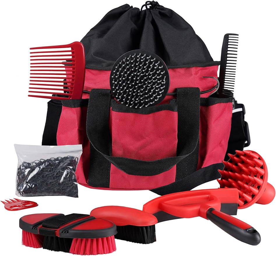 Harrison Howard Horse Grooming Kit, 9-Piece Complete Grooming Tools Set with Non-Slip Silicone Grip for Daily Horse Care, Bathing & Shedding Red