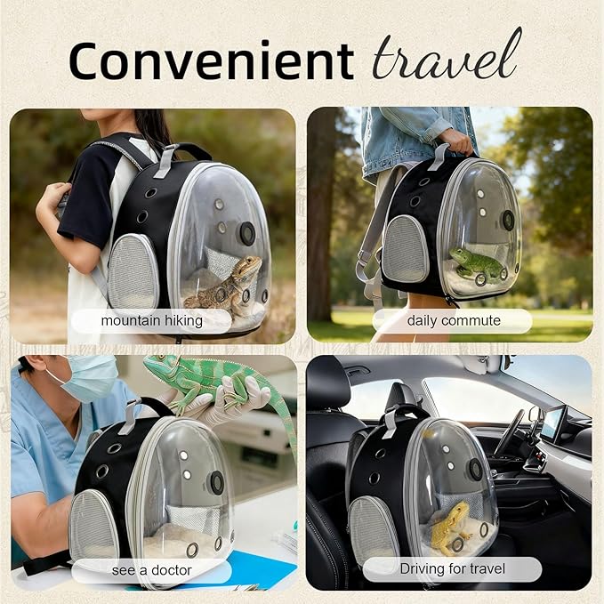 Bearded Dragon Travel Backpack Carrier with Reptile Thermometer and Humidity Gauge Lizard Travel Cage Space Capsule Clear Bubble Window Astronaut Reptile Carrier Bag for Ball Python (Black, Backpack)