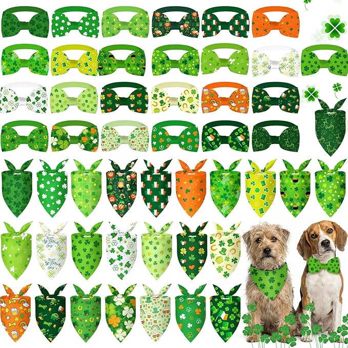 Sanwuta 50 Pcs St. Patrick's Day Dog Bandanas and Collar Bow Ties Set 25 Bandanas Bulk 25 Irish Shamrocks Clover Leprechauns Dog Collar Flower Adjustable Triangle Scarf Bowtie for Small Medium Large