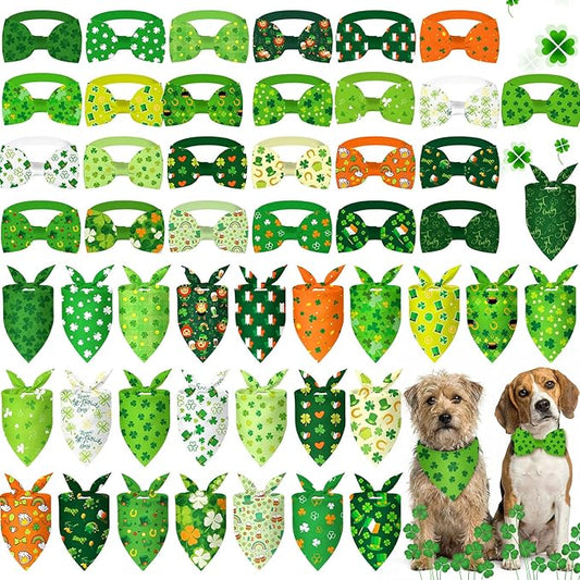 Sanwuta 50 Pcs St. Patrick's Day Dog Bandanas and Collar Bow Ties Set 25 Bandanas Bulk 25 Irish Shamrocks Clover Leprechauns Dog Collar Flower Adjustable Triangle Scarf Bowtie for Small Medium Large
