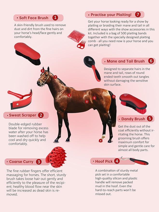 Harrison Howard Horse Grooming Brush Set, 7 Essential Grooming Brushes for Daily Horse Care, Body, Mane, Tail & Shedding Use Red