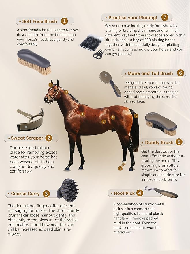 Harrison Howard Horse Grooming Brush Set, 7 Essential Grooming Brushes for Daily Horse Care, Body, Mane, Tail & Shedding Use Brown