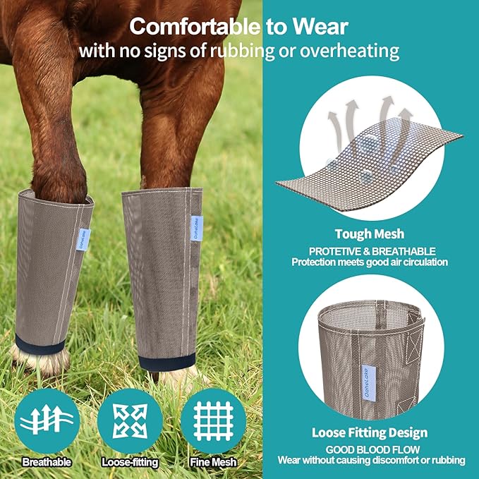 Mesh Horse Fly Boots Set of 4, Loose Fitting Leggings for Horses, Reduce Stressful Stomping, Breathable Adjustable and Universal Fit for 4 Legs, Reliable Stay Put (Camel)