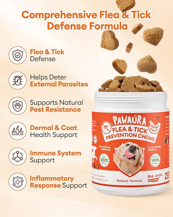 Flea & Tick Prevention Chews for Dogs – 300 Soft Chews – Effective Flea and Tick Treatment, Skin & Coat Health, Immune Support for All Dog Sizes