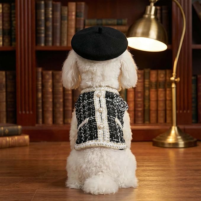 Luxury Dog Clothes Tweed Suits and Beret Hat,Black Winter Warm Pet Coat Vintage Jacket Vest,Cat Artist Costume Cosplay Party Outfits for Small Medium Dogs,L